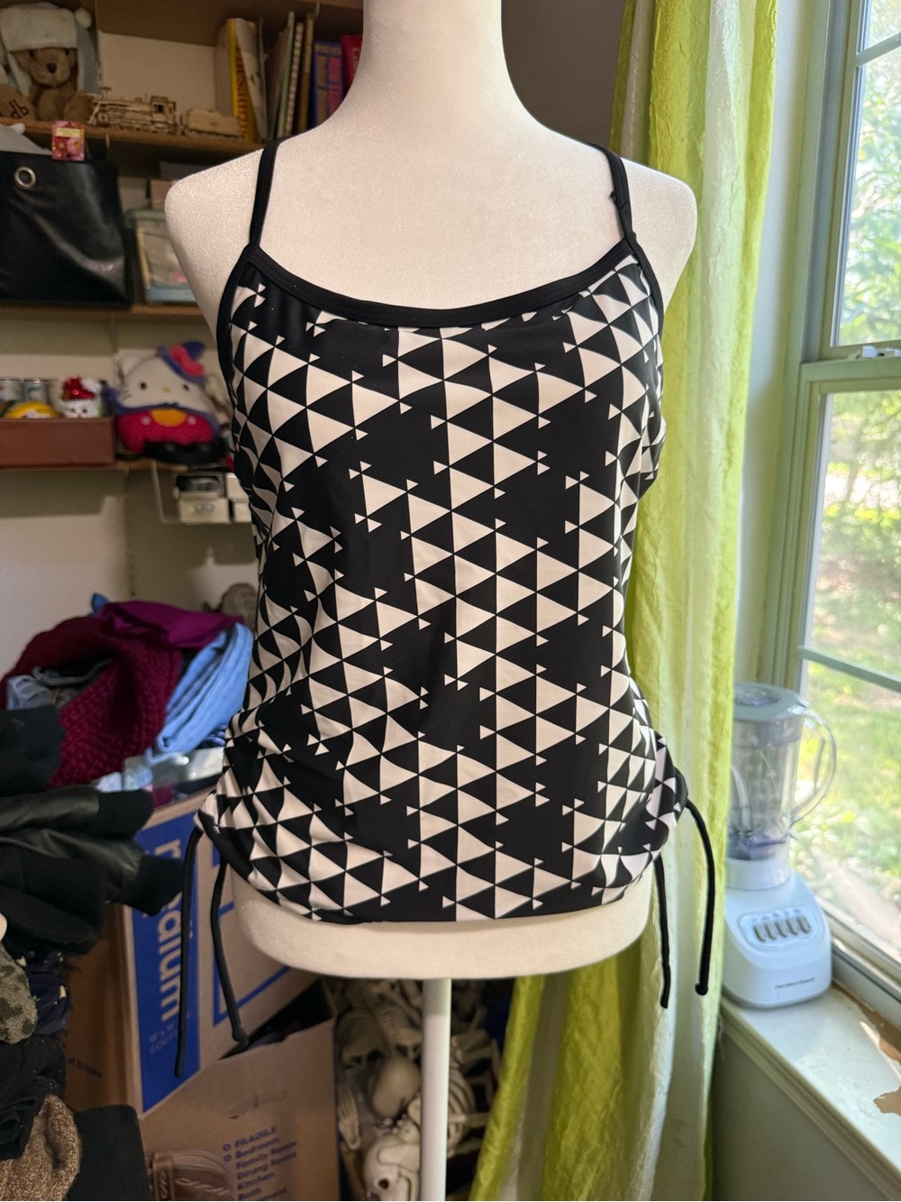Black & White Geometric Swim Top - Women's Spaghetti Strap Top